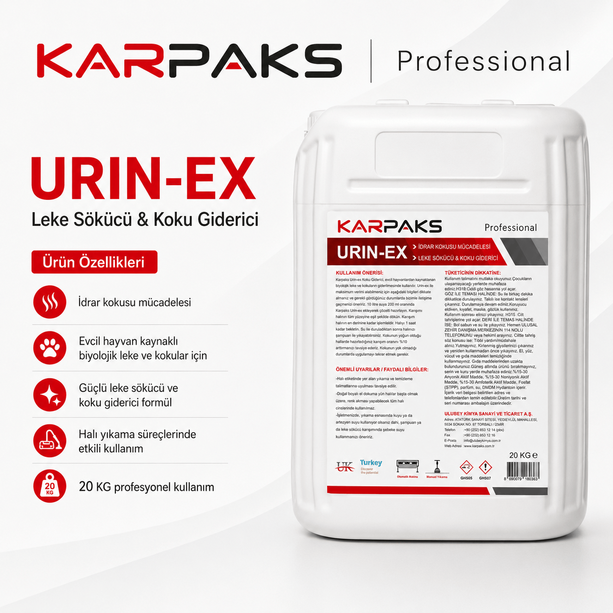 Karpaks Urin-Ex Profesyonel İdrar Lekesi ve Koku Giderici 20 KG – Evcil Hayvan Kaynaklı Lekeler İçin
