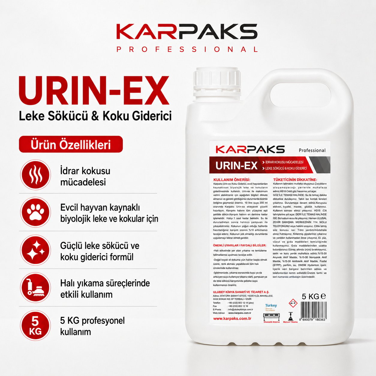 Karpaks Urin-Ex Profesyonel Leke Sökücü ve Koku Giderici 5 KG – Evcil Hayvan Kaynaklı Lekeler İçin
