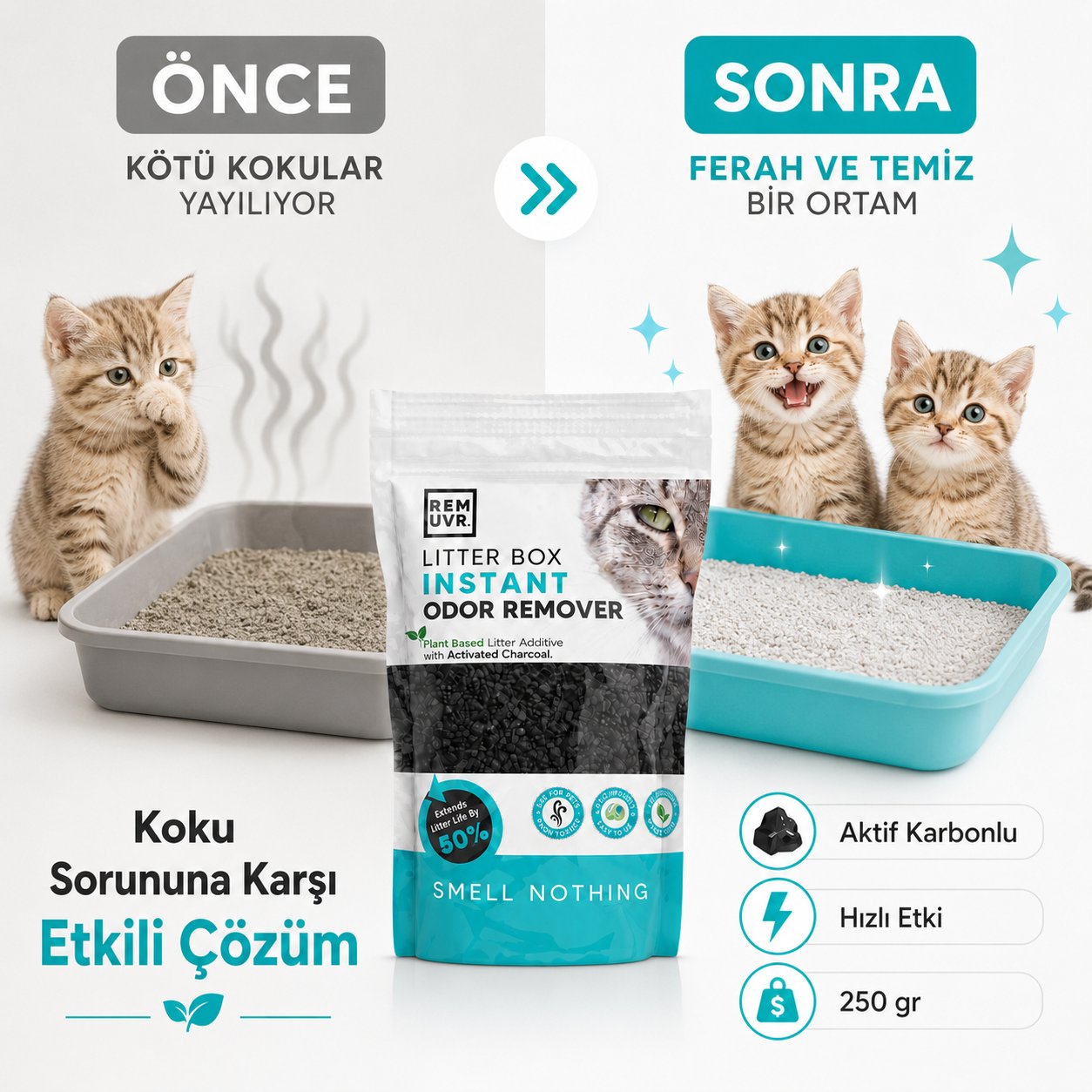 Kedi Kumu Koku Giderici Premium 250 Gr | Aktif Karbonlu Kedi Kumu Koku Önleyici