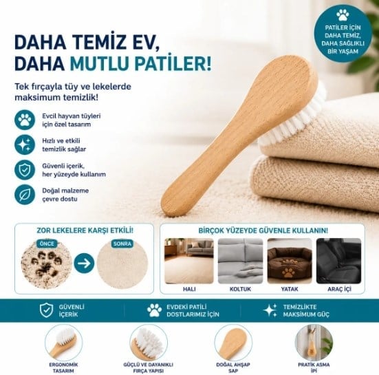 Minik Temizlik Fırçası | Evcil Hayvan Tüy ve Leke Temizleme Fırçası Ahşap Saplı Ergonomik Tasarım