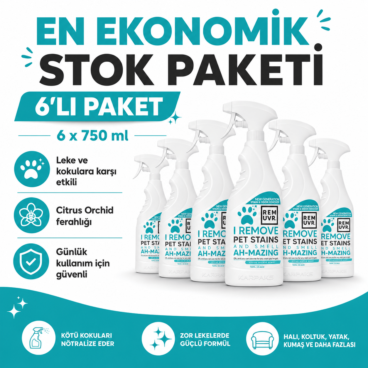 REMUVR Evcil Hayvan Leke ve Koku Giderici Sprey 6'lı Paket 6 x 750 ml – Kedi Köpek İdrar Lekesi Temizleyici