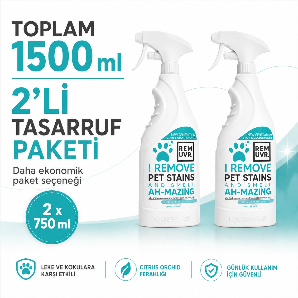 REMUVR Evcil Hayvan Leke ve Koku Giderici Sprey 2'li Paket 2 x 750 ml – Kedi Köpek İdrar Lekesi Temizleyici