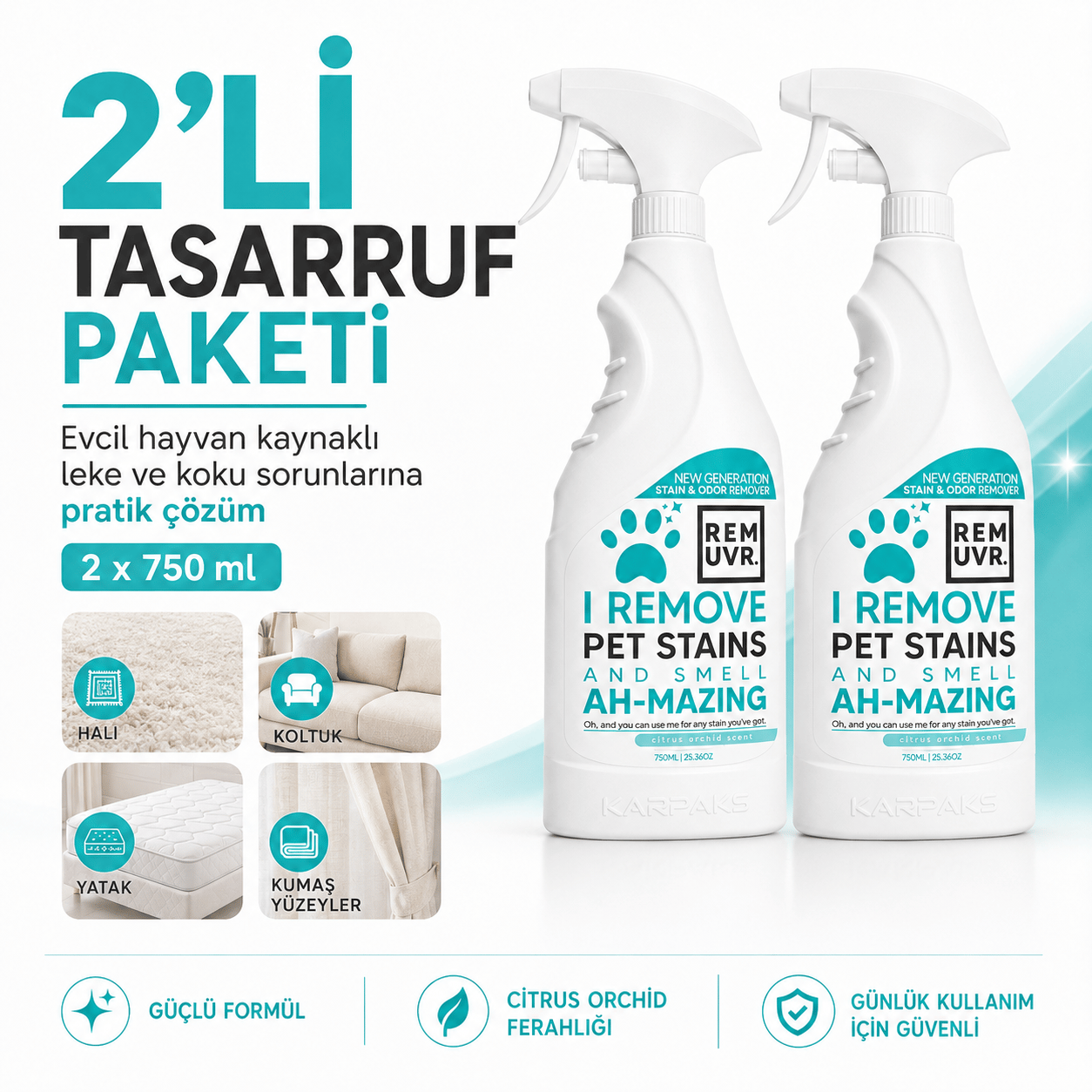 REMUVR Evcil Hayvan Leke ve Koku Giderici Sprey 2'li Paket 2 x 750 ml – Kedi Köpek İdrar Lekesi Temizleyici