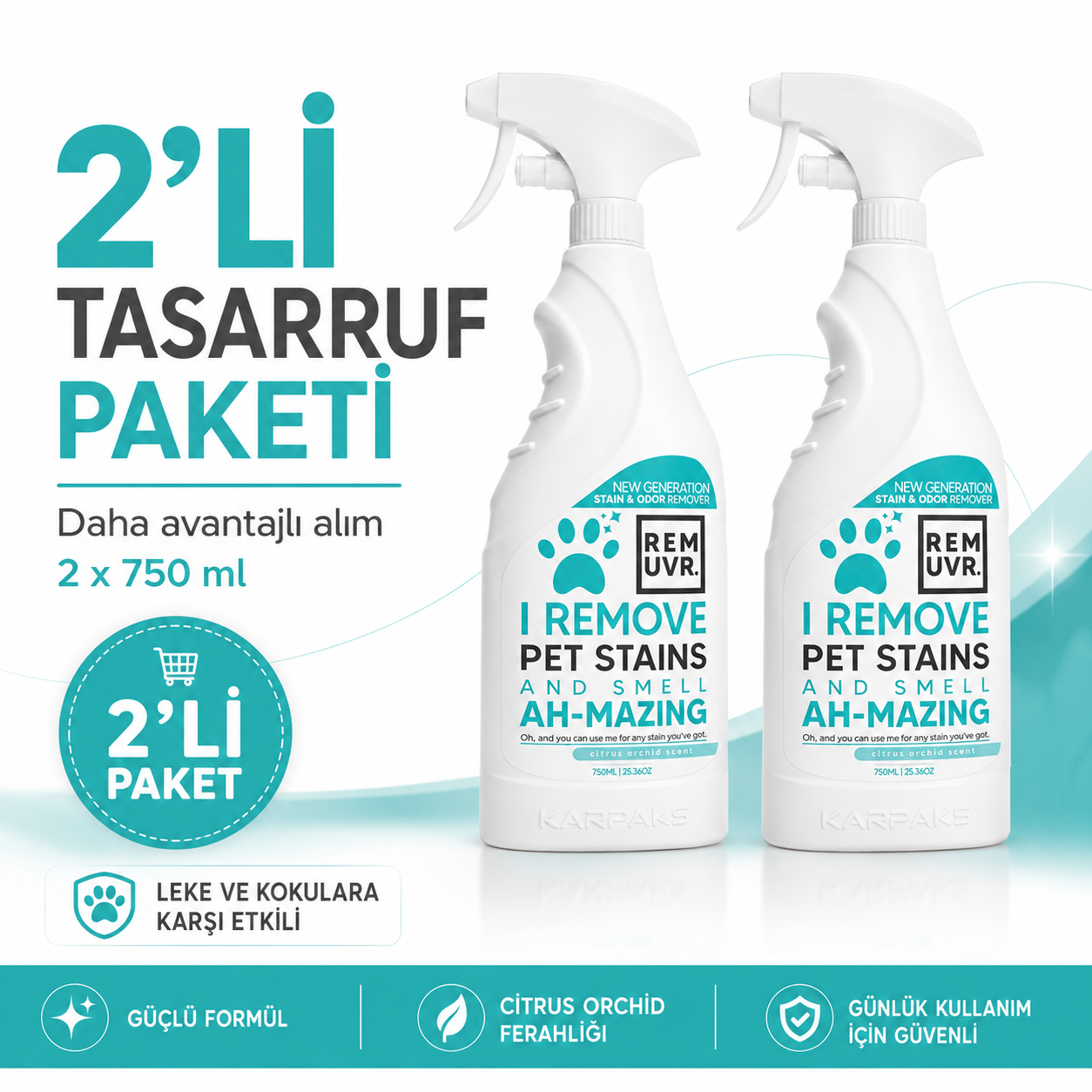 REMUVR Evcil Hayvan Leke ve Koku Giderici Sprey 2'li Paket 2 x 750 ml – Kedi Köpek İdrar Lekesi Temizleyici