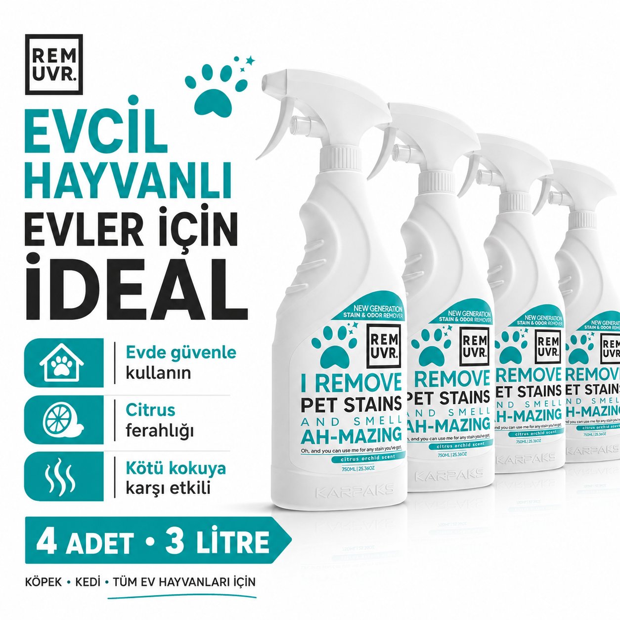 REMUVR Evcil Hayvan Leke ve Koku Giderici Sprey 3'lü Paket 3 x 750 ml – Kedi Köpek İdrar Lekesi Temizleyici