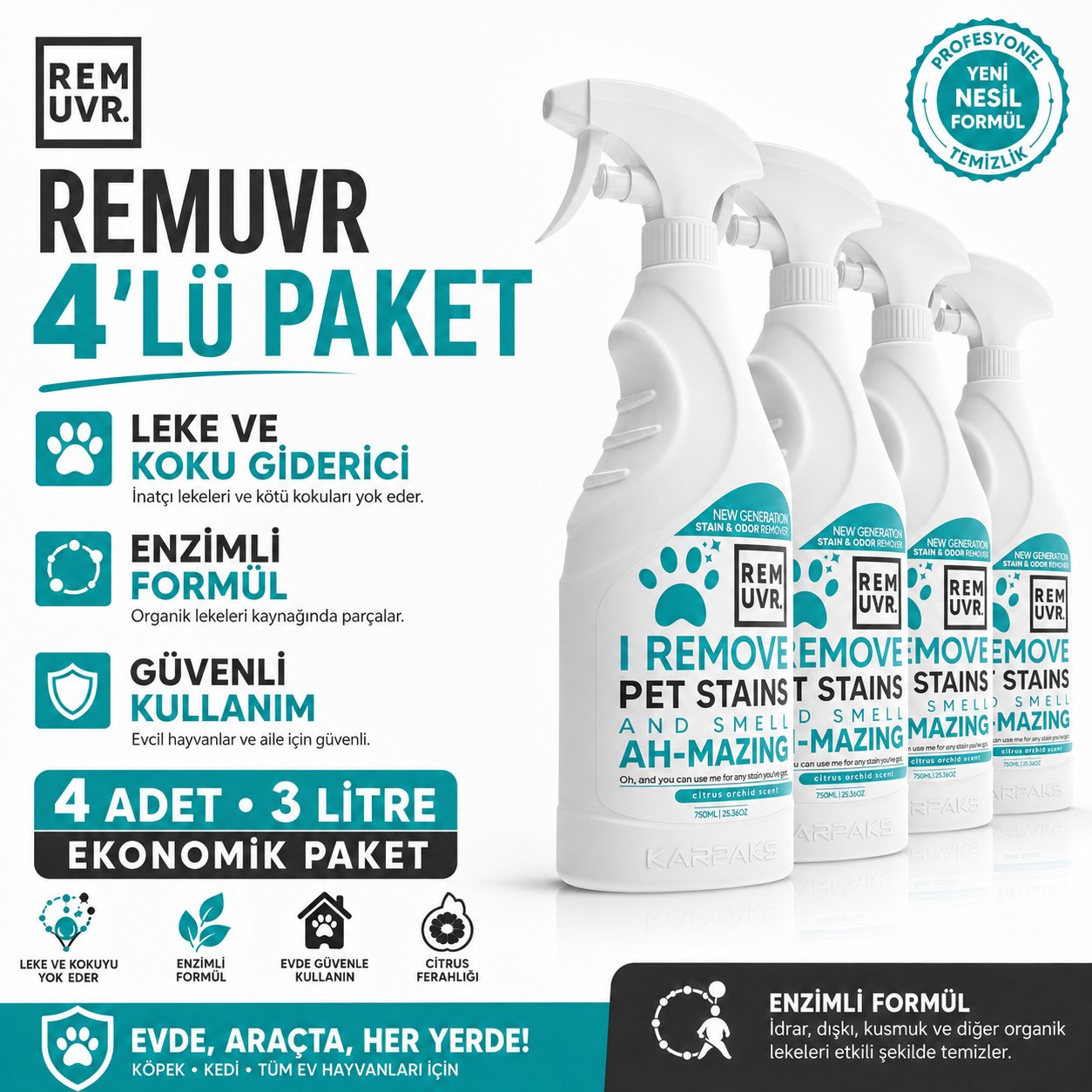 REMUVR Evcil Hayvan Leke ve Koku Giderici Sprey 3'lü Paket 3 x 750 ml – Kedi Köpek İdrar Lekesi Temizleyici