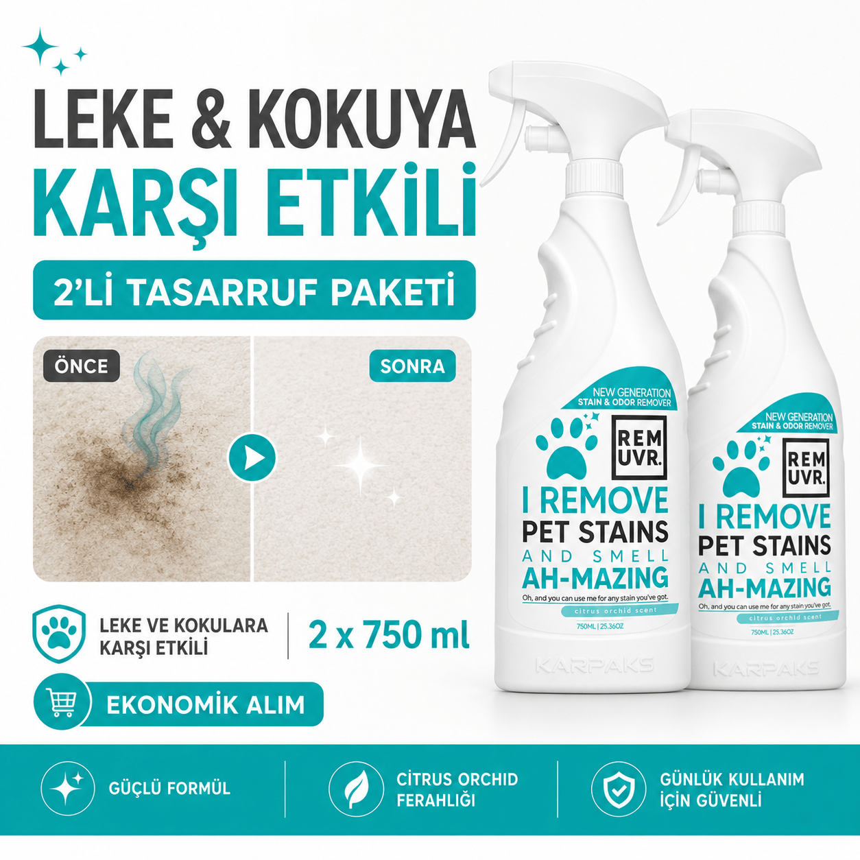 REMUVR Evcil Hayvan Leke ve Koku Giderici Sprey 2'li Paket 2 x 750 ml – Kedi Köpek İdrar Lekesi Temizleyici