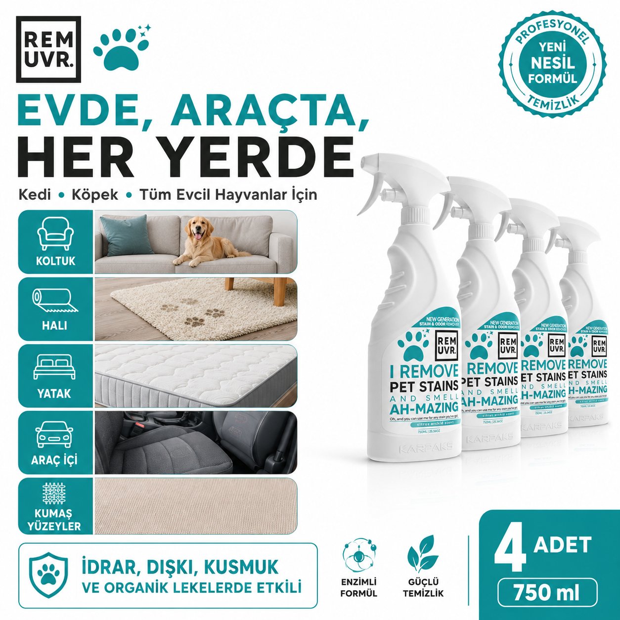 REMUVR Evcil Hayvan Leke ve Koku Giderici Sprey 3'lü Paket 3 x 750 ml – Kedi Köpek İdrar Lekesi Temizleyici