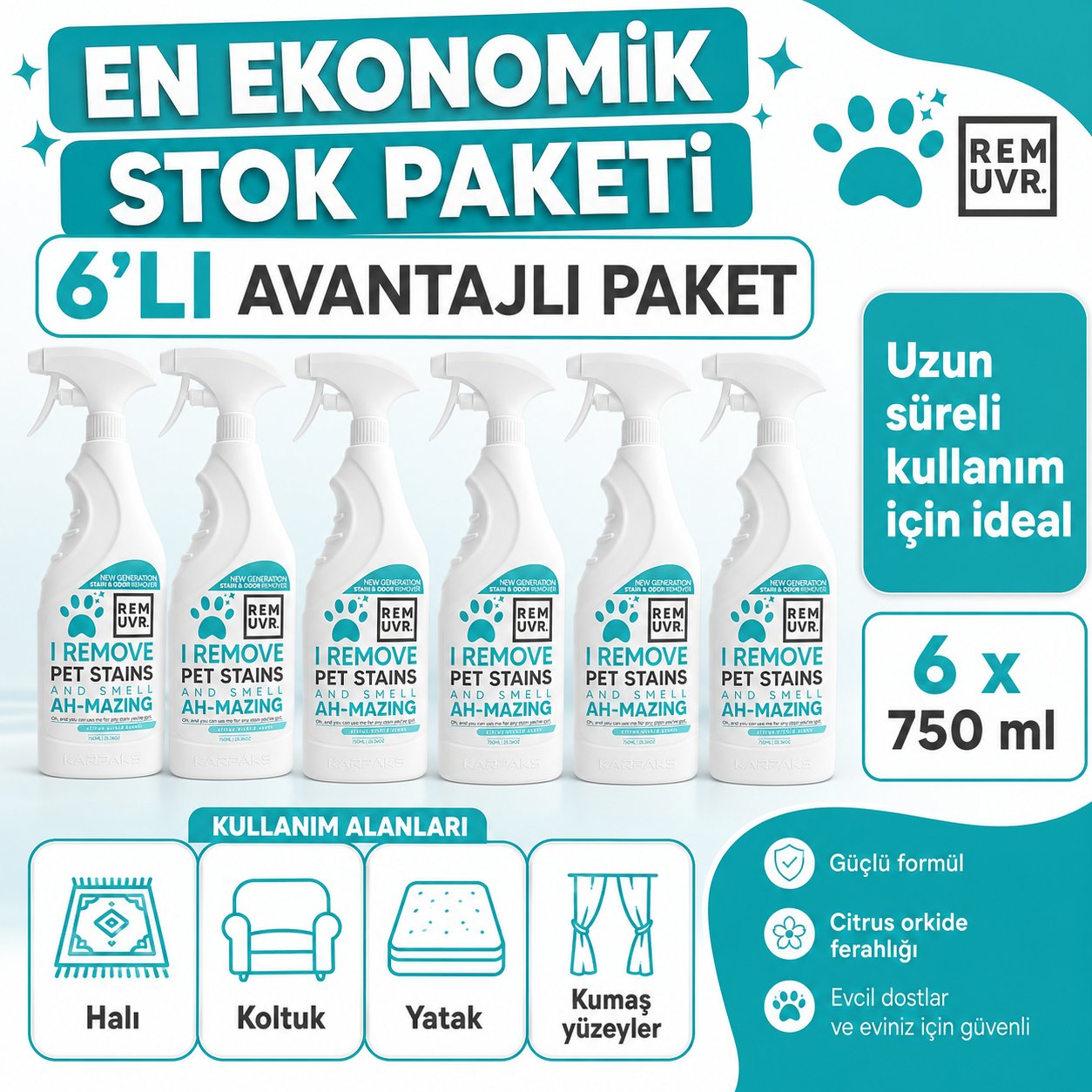 REMUVR Evcil Hayvan Leke ve Koku Giderici Sprey 6'lı Paket 6 x 750 ml – Kedi Köpek İdrar Lekesi Temizleyici