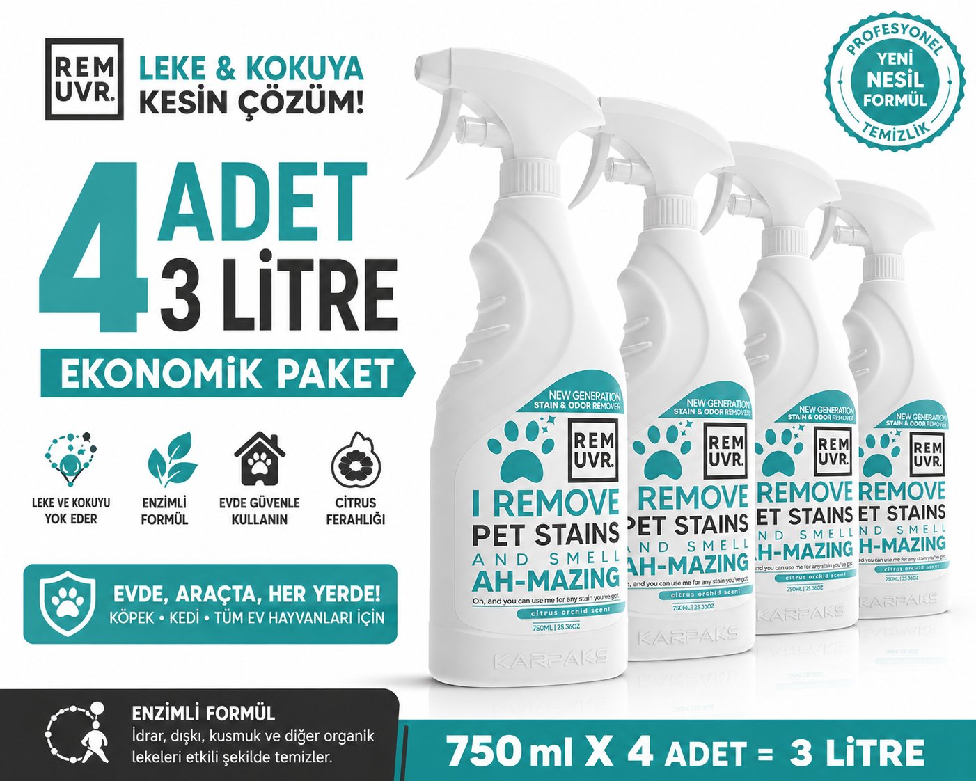 REMUVR Evcil Hayvan Leke ve Koku Giderici Sprey 3'lü Paket 3 x 750 ml – Kedi Köpek İdrar Lekesi Temizleyici