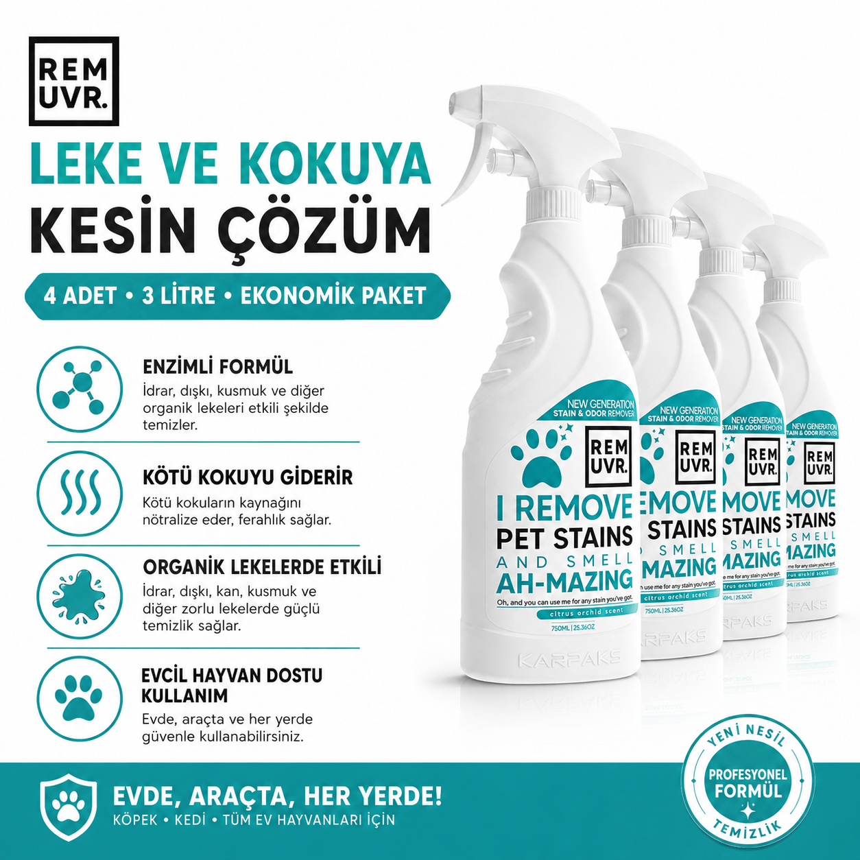 REMUVR Evcil Hayvan Leke ve Koku Giderici Sprey 3'lü Paket 3 x 750 ml – Kedi Köpek İdrar Lekesi Temizleyici