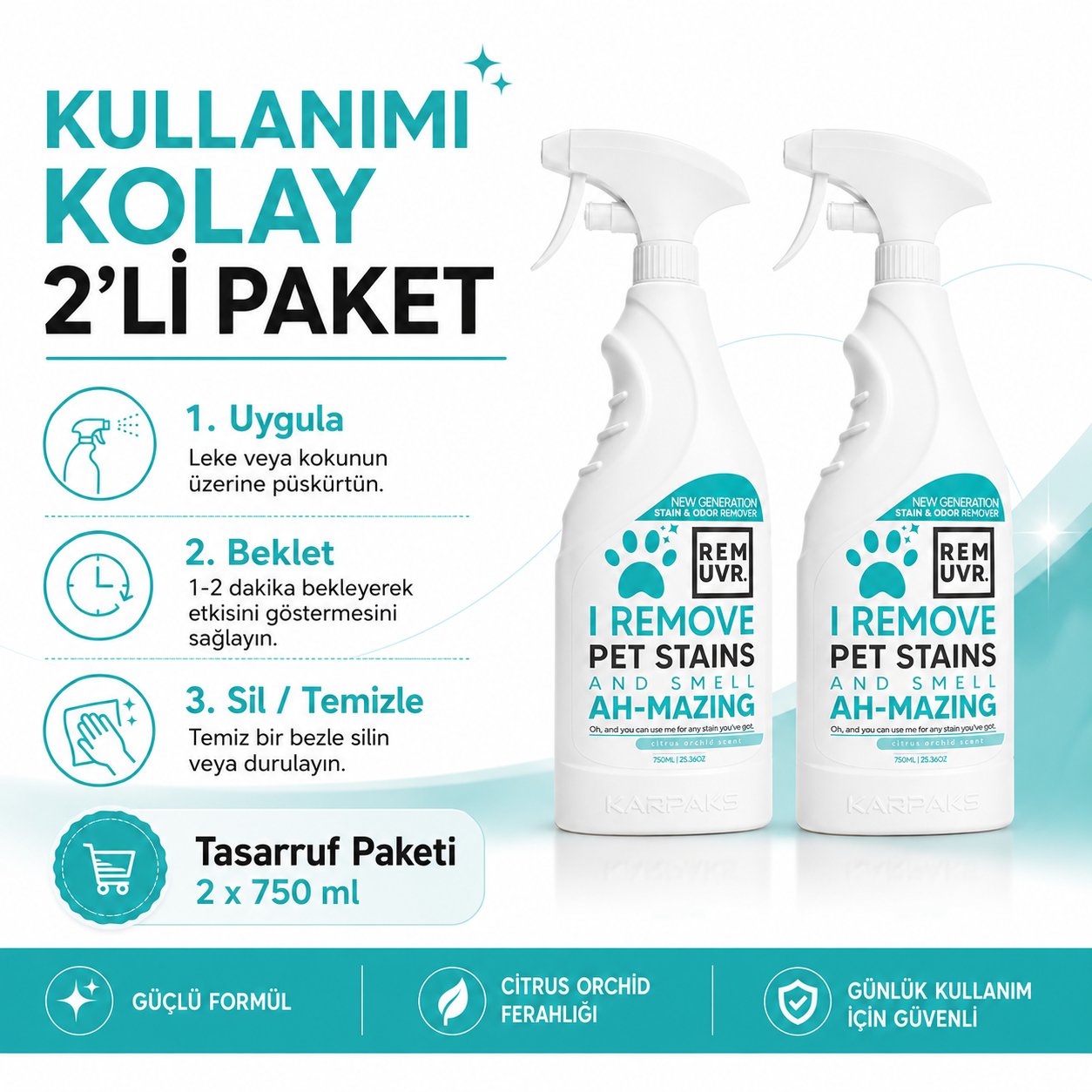REMUVR Evcil Hayvan Leke ve Koku Giderici Sprey 2'li Paket 2 x 750 ml – Kedi Köpek İdrar Lekesi Temizleyici