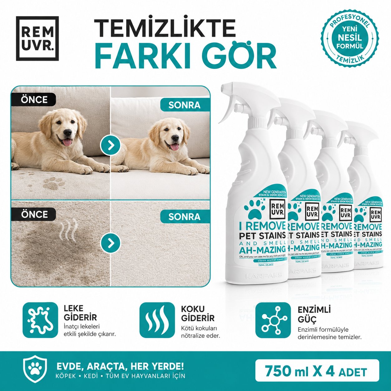 REMUVR Evcil Hayvan Leke ve Koku Giderici Sprey 3'lü Paket 3 x 750 ml – Kedi Köpek İdrar Lekesi Temizleyici