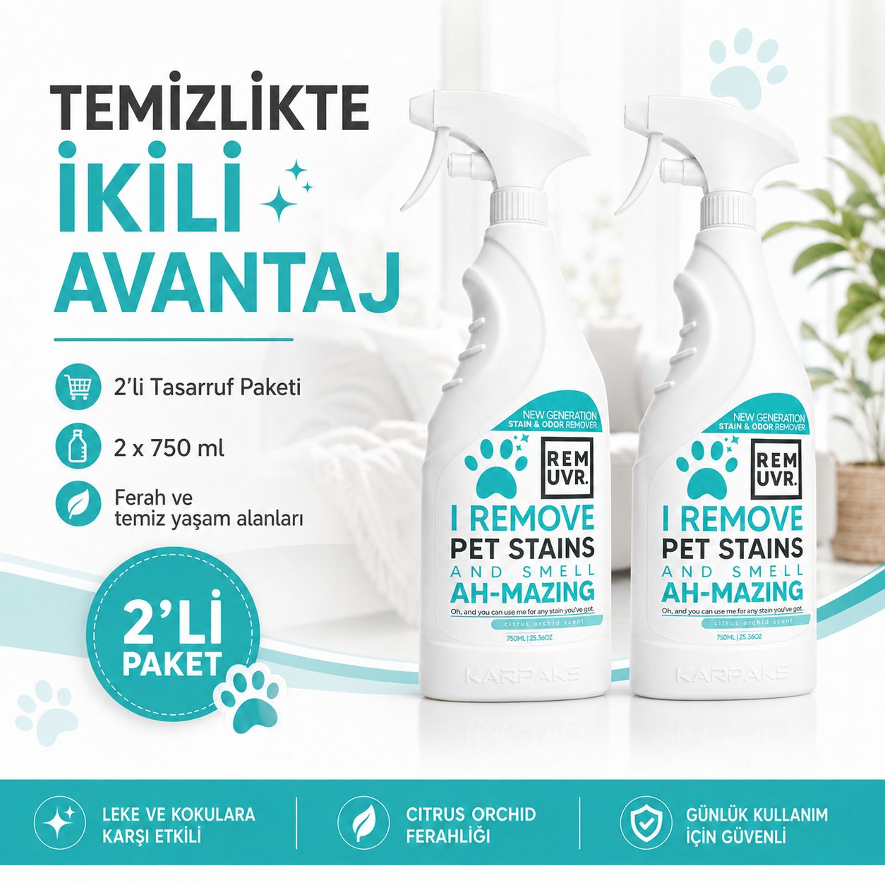 REMUVR Evcil Hayvan Leke ve Koku Giderici Sprey 2'li Paket 2 x 750 ml – Kedi Köpek İdrar Lekesi Temizleyici