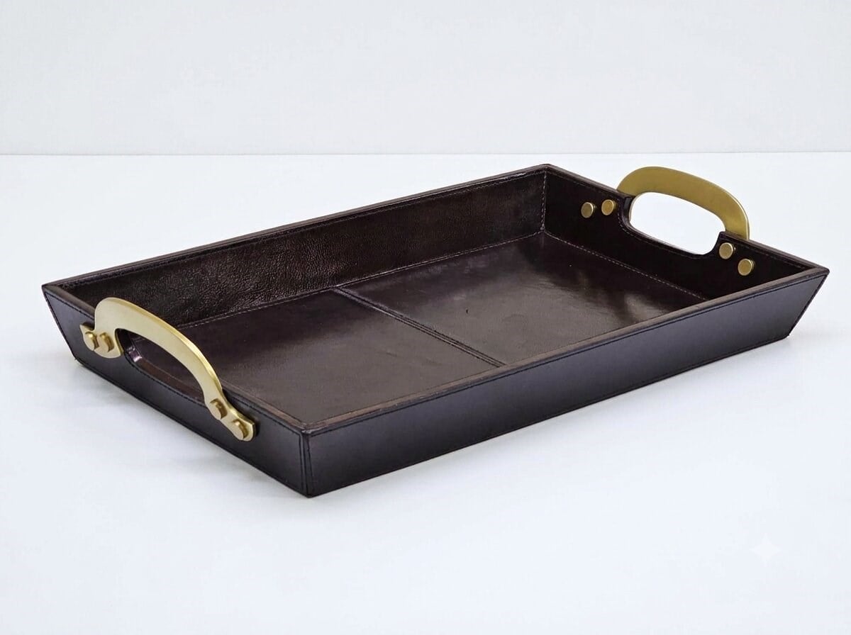 Lmd Brown Color Leather Tray Metal Handle 46x28x5 Cm
