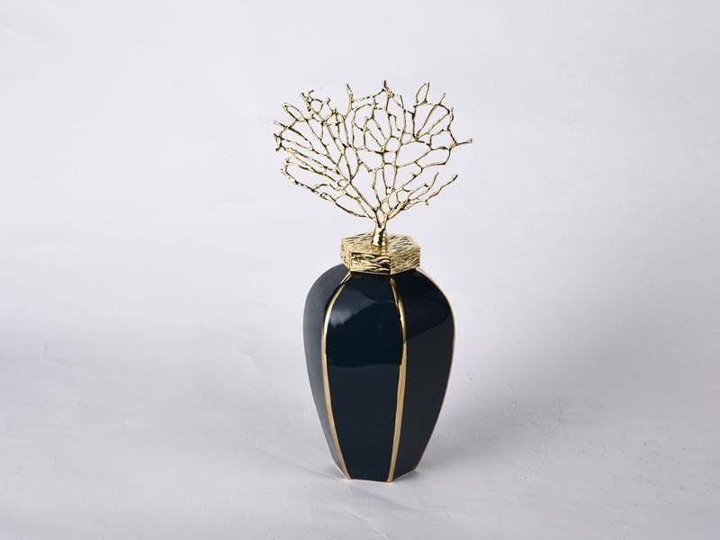 LMD HEXAGON BLACK GOLD JAR WITH CORAL TOP SMALL DECOR 20X16X41