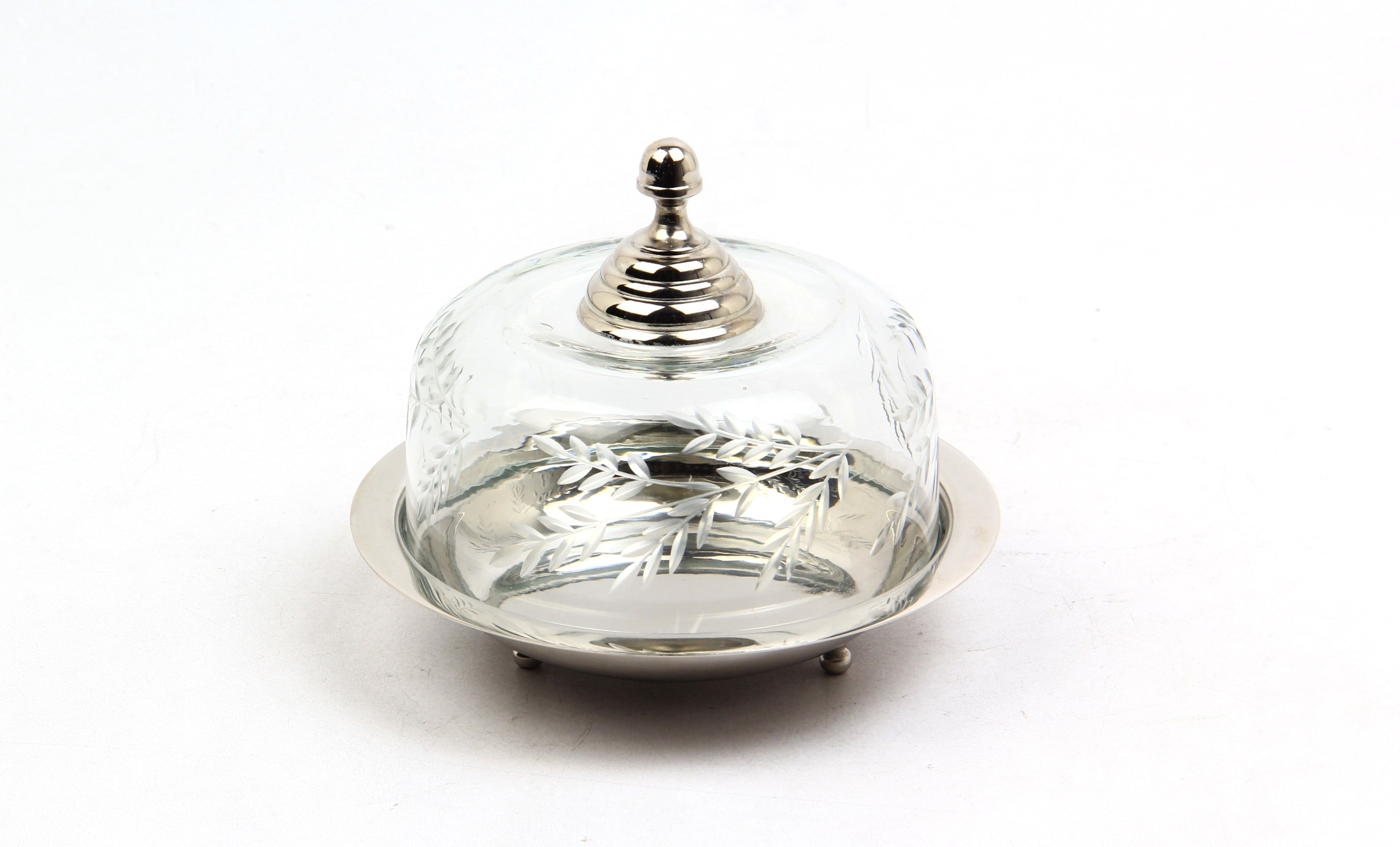 Lmd Yaprak Desenlı Cam Kapaklı Nıkel Tereyaglık 15x15x12,5 Cm