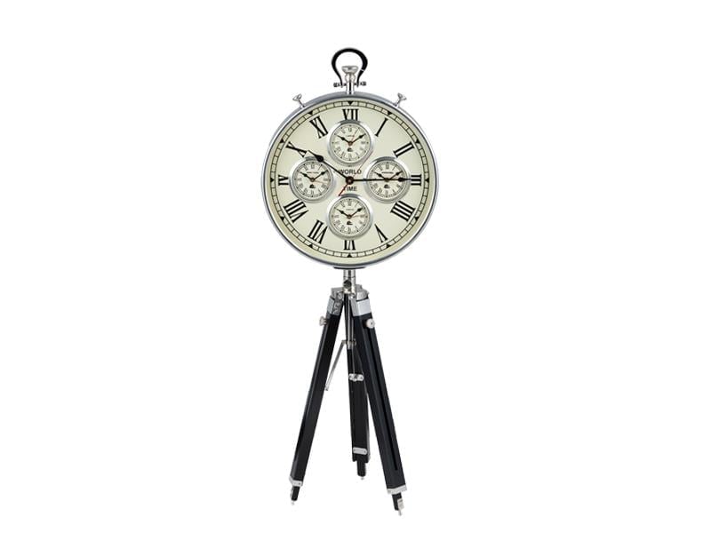 LMDR WORLDTIMER NICKEL FLOOR CLOCK ON BLACK TRIPOD 60X60X138 CM