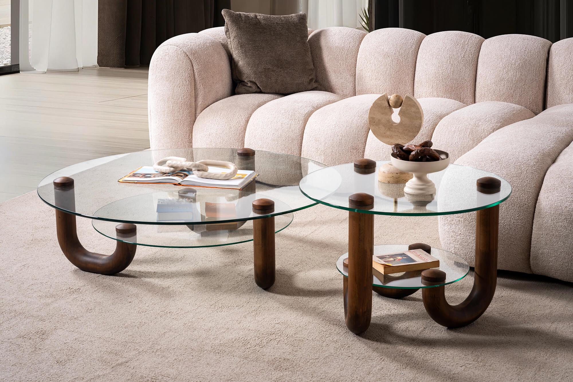 T.G Elle Orta Sehpa Ceviz-Şeffaf Cam