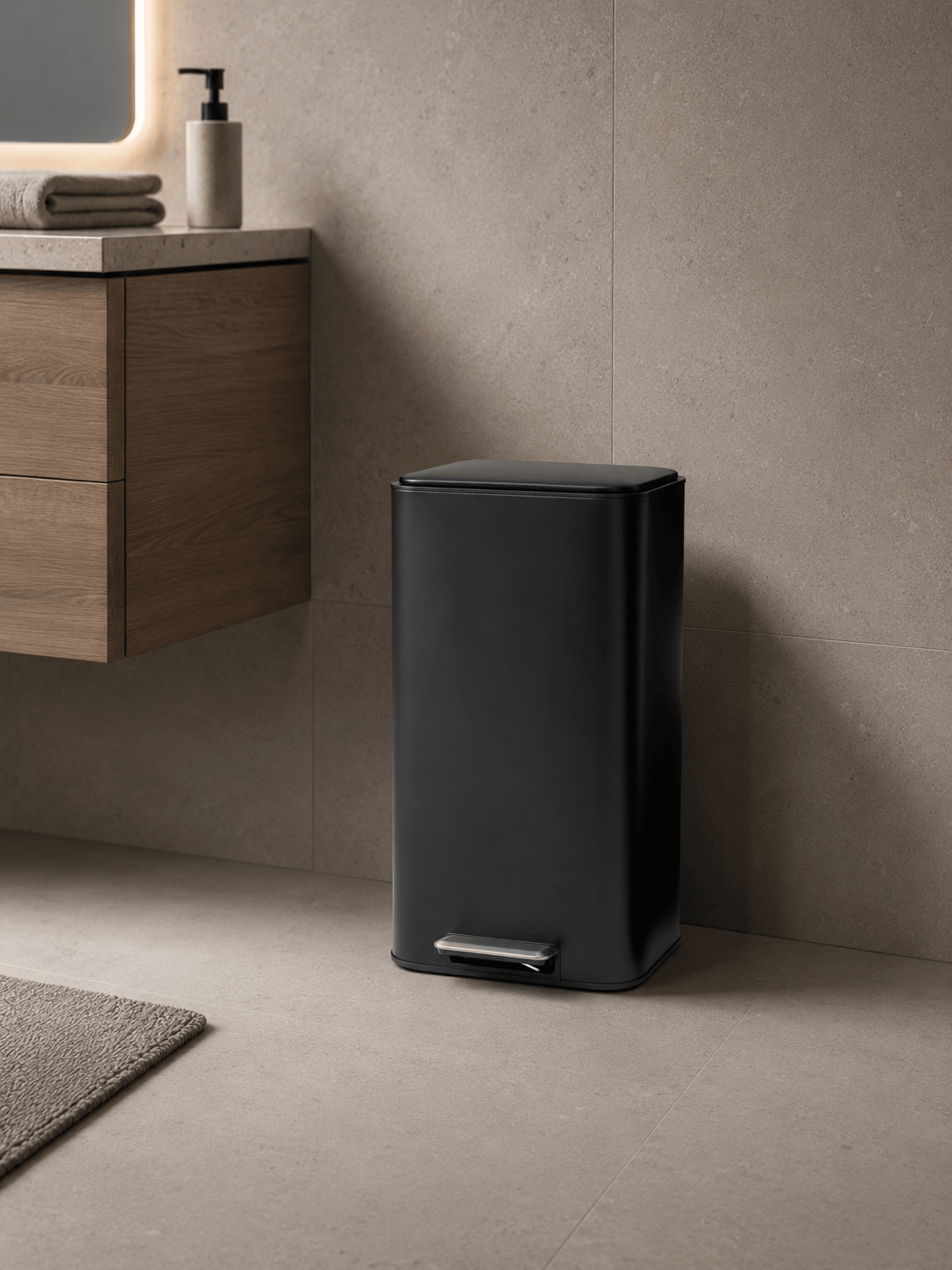 Vivarel Square Mat Siyah Pedallı Çöp Kovası 30 L