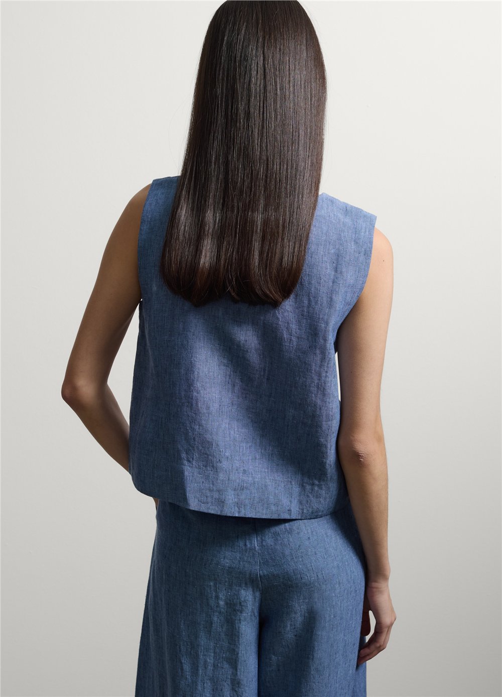 Açık Mavi Denim Keten Kolsuz Oversize Bluz