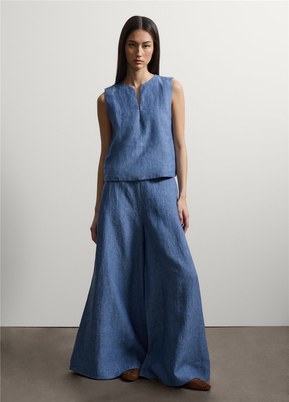 Açık Mavi Denim Keten Kolsuz Oversize Bluz