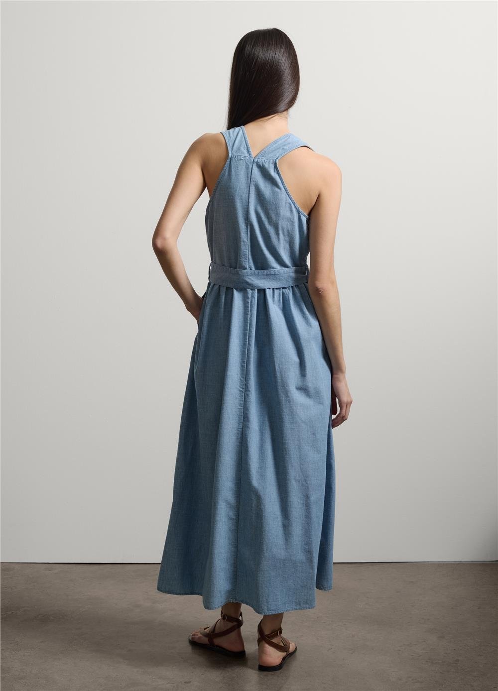 Açık Mavi Kemerli Maxi Denim Elbise