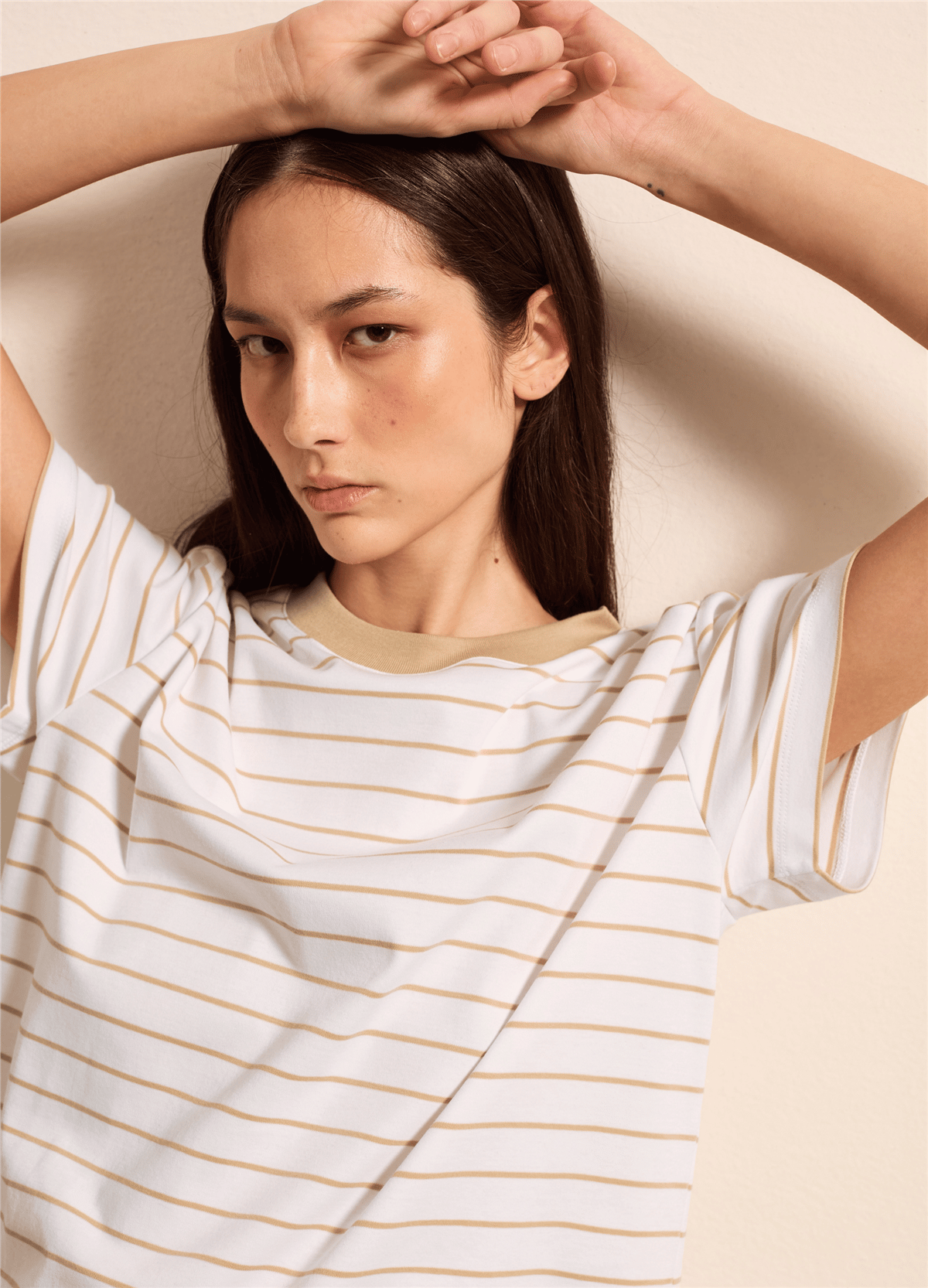 Bej Çizgili Boxy Fit Tişört