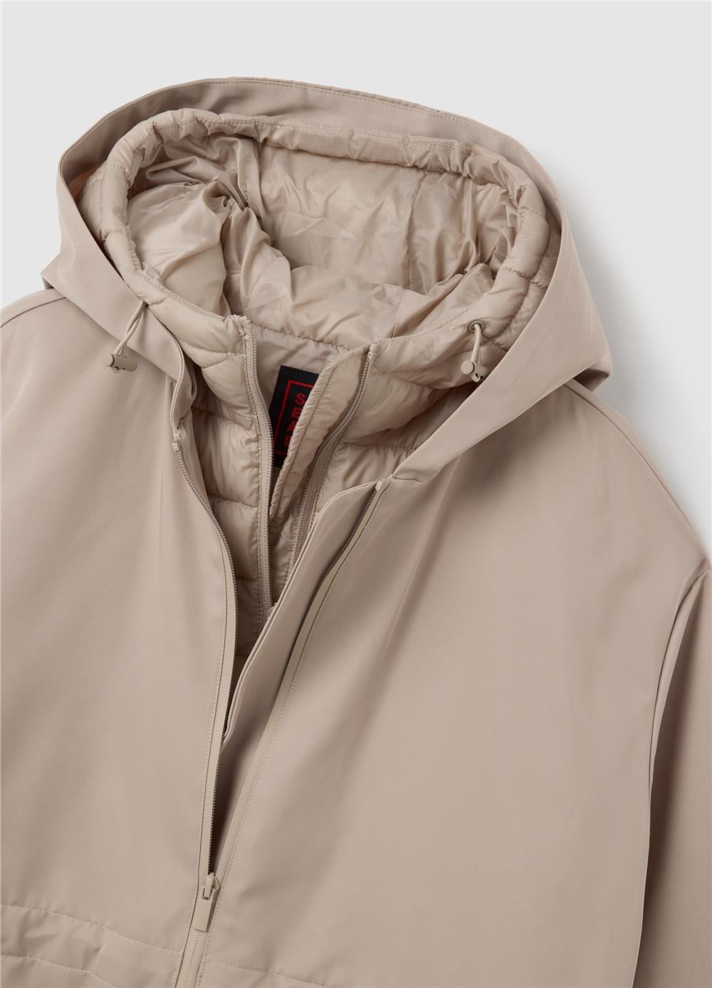 Bej kapüşonlu fermuarlı oversize parka