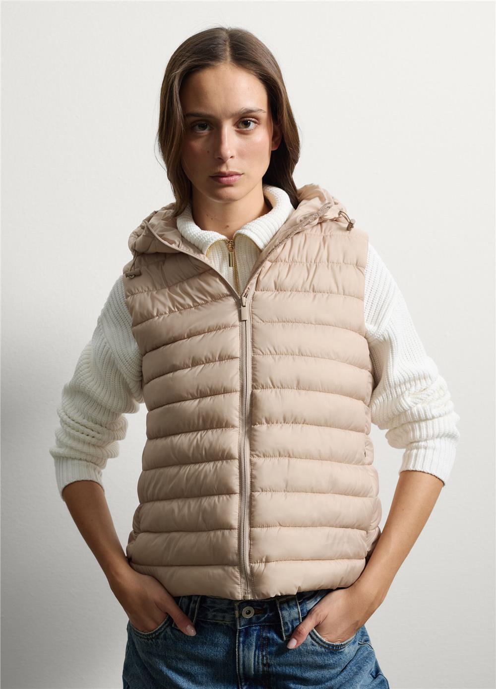Bej kapüşonlu fermuarlı oversize parka