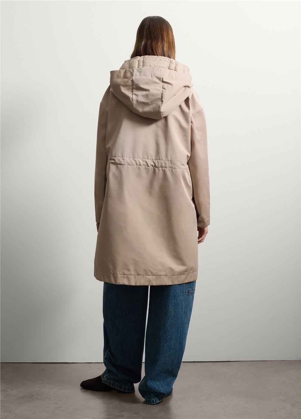 Bej kapüşonlu fermuarlı oversize parka