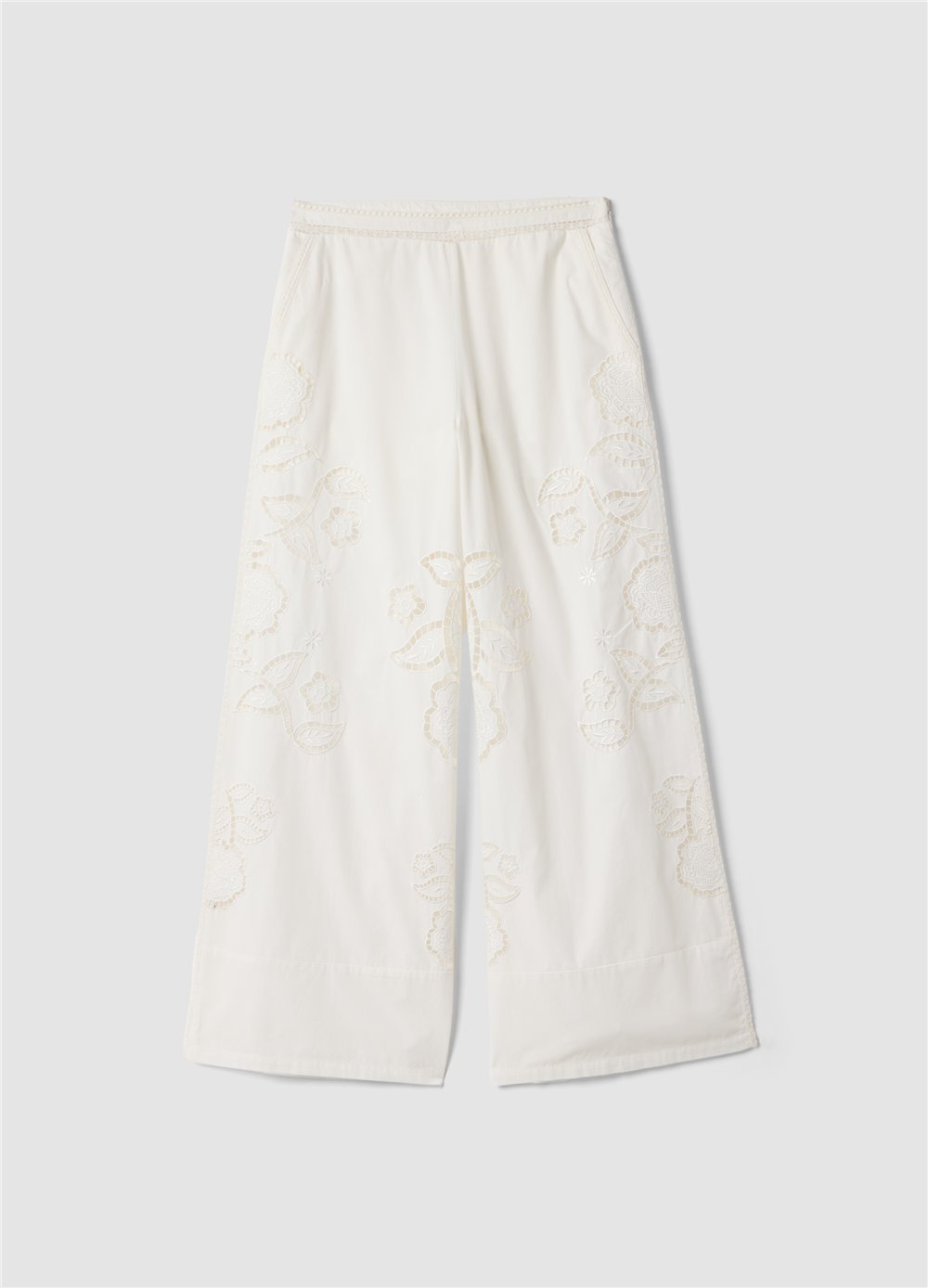 Beyaz Broderie Anglaise Nakışlı Pamuk Bol Paça Pantolon