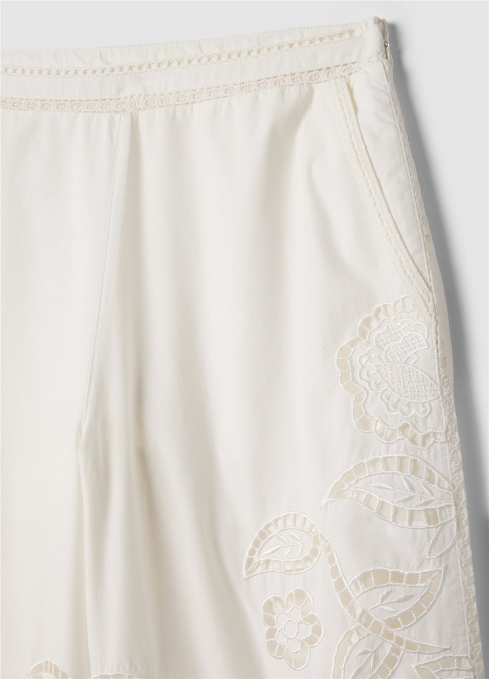 Beyaz Broderie Anglaise Nakışlı Pamuk Bol Paça Pantolon