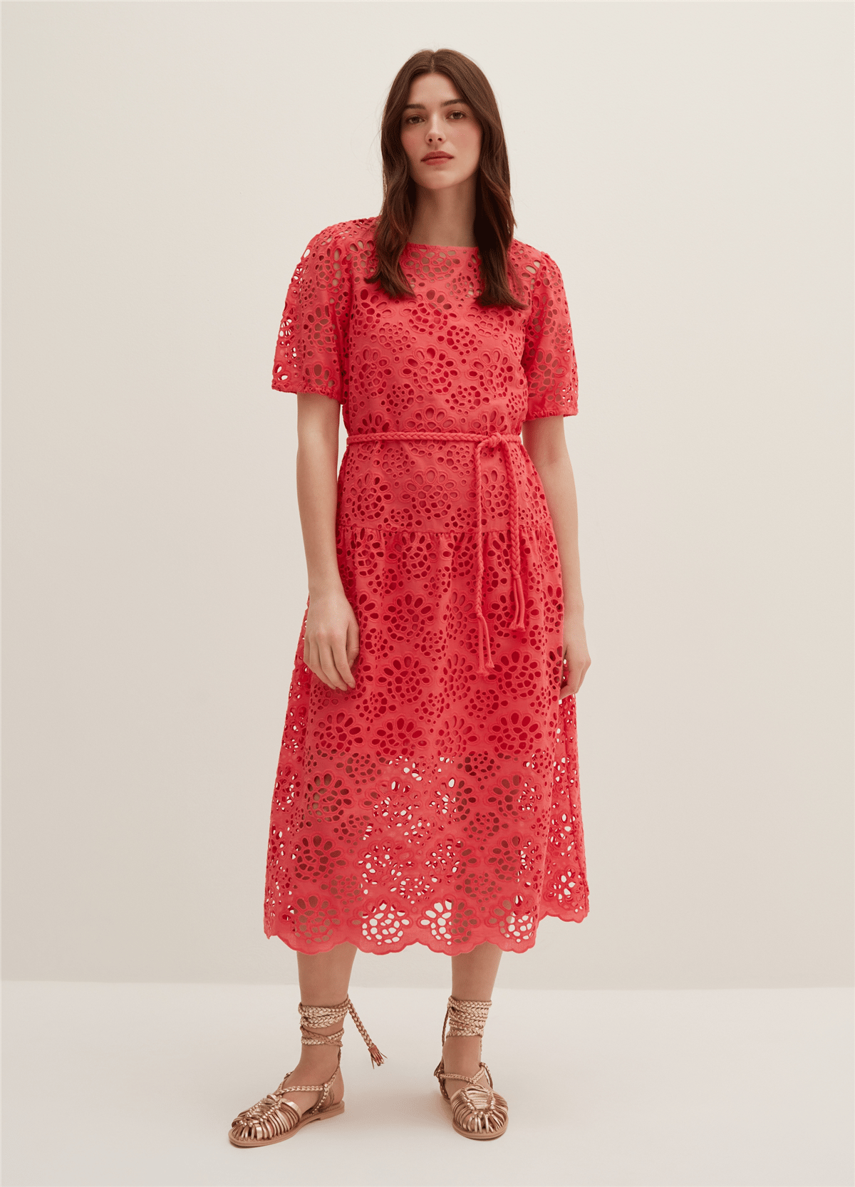Broderie Anglaise Kırmızı Kemerli Midi Elbise