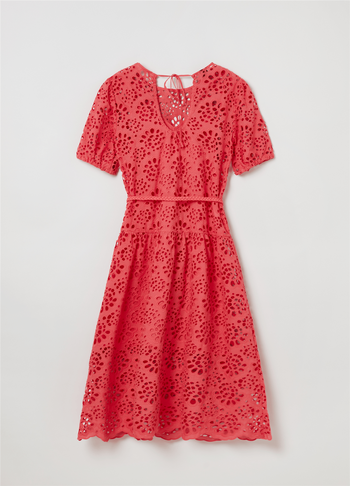 Broderie Anglaise Kırmızı Kemerli Midi Elbise