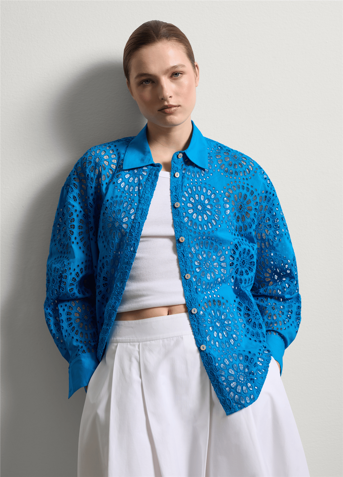 Broderie Anglaise Uzun Kollu Mavi Gömlek