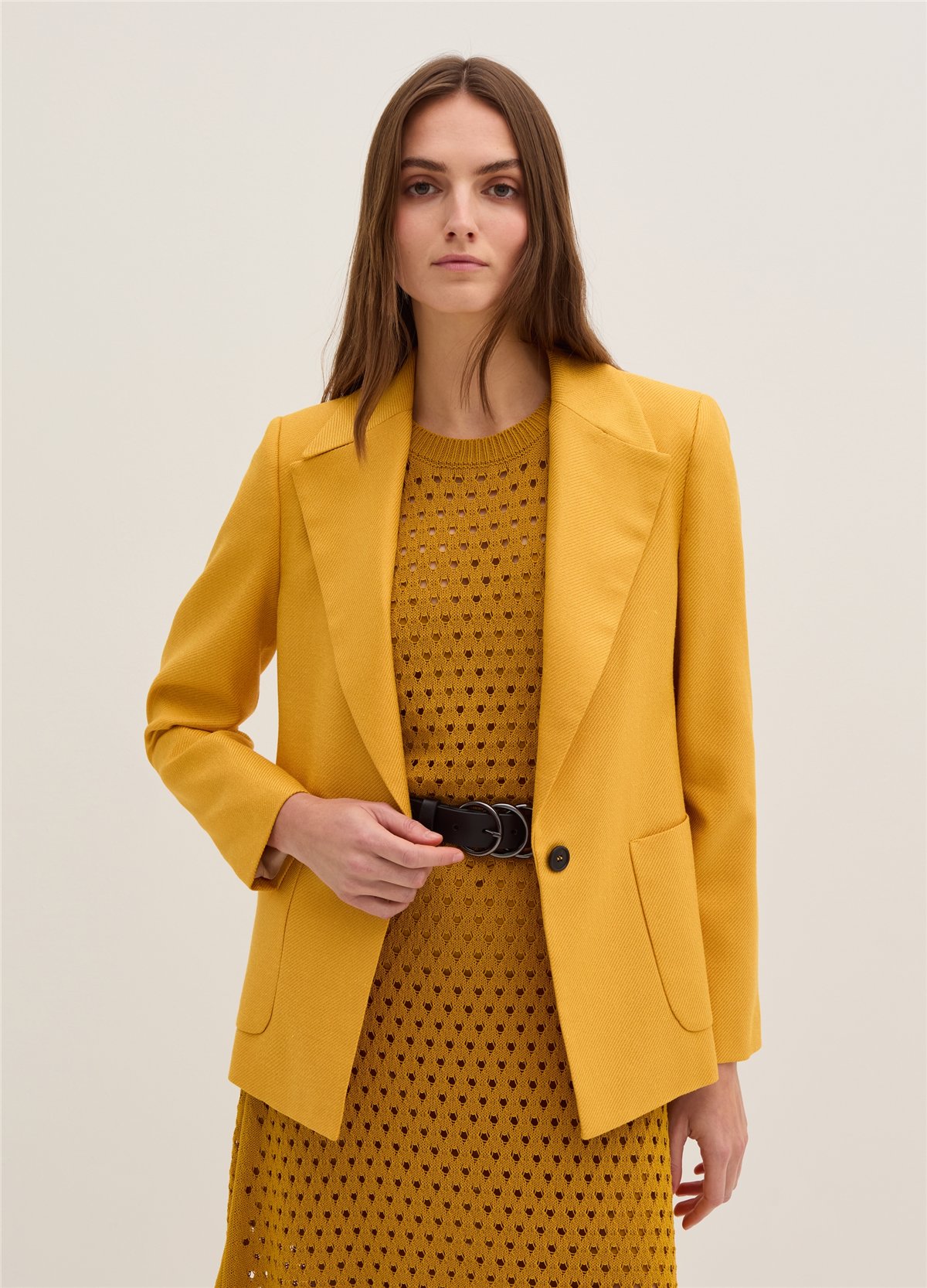 Cepli Düğmeli Parlak Dimi Kumaş Blazer Sarı Ceket