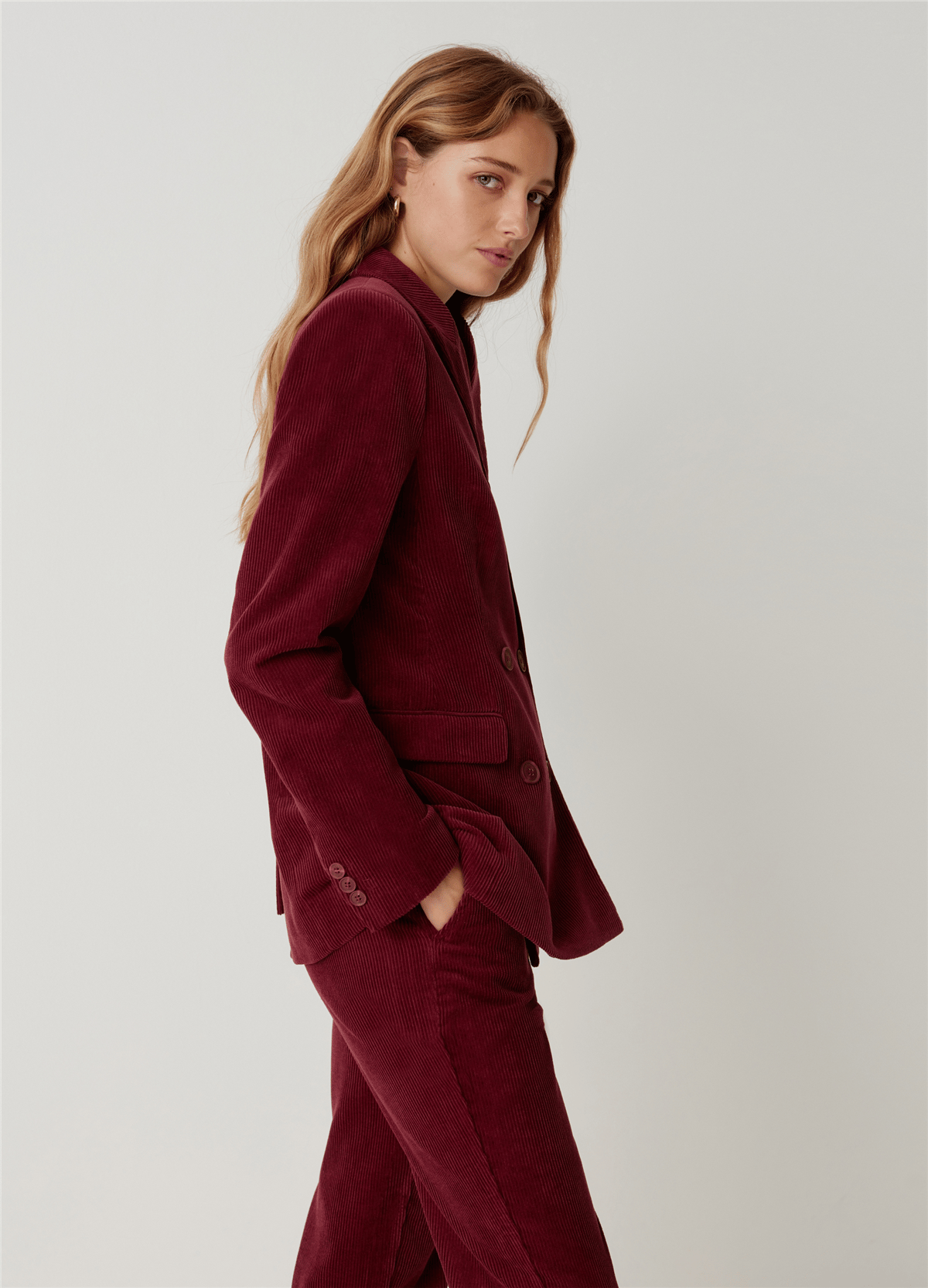 Çift Sıra Düğmeli Fitilli Kadife Bordo Blazer Ceket