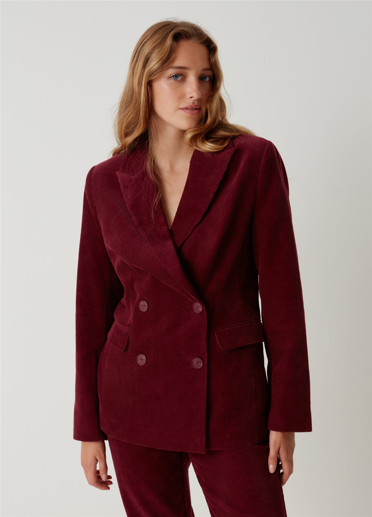 Çift Sıra Düğmeli Fitilli Kadife Bordo Blazer Ceket