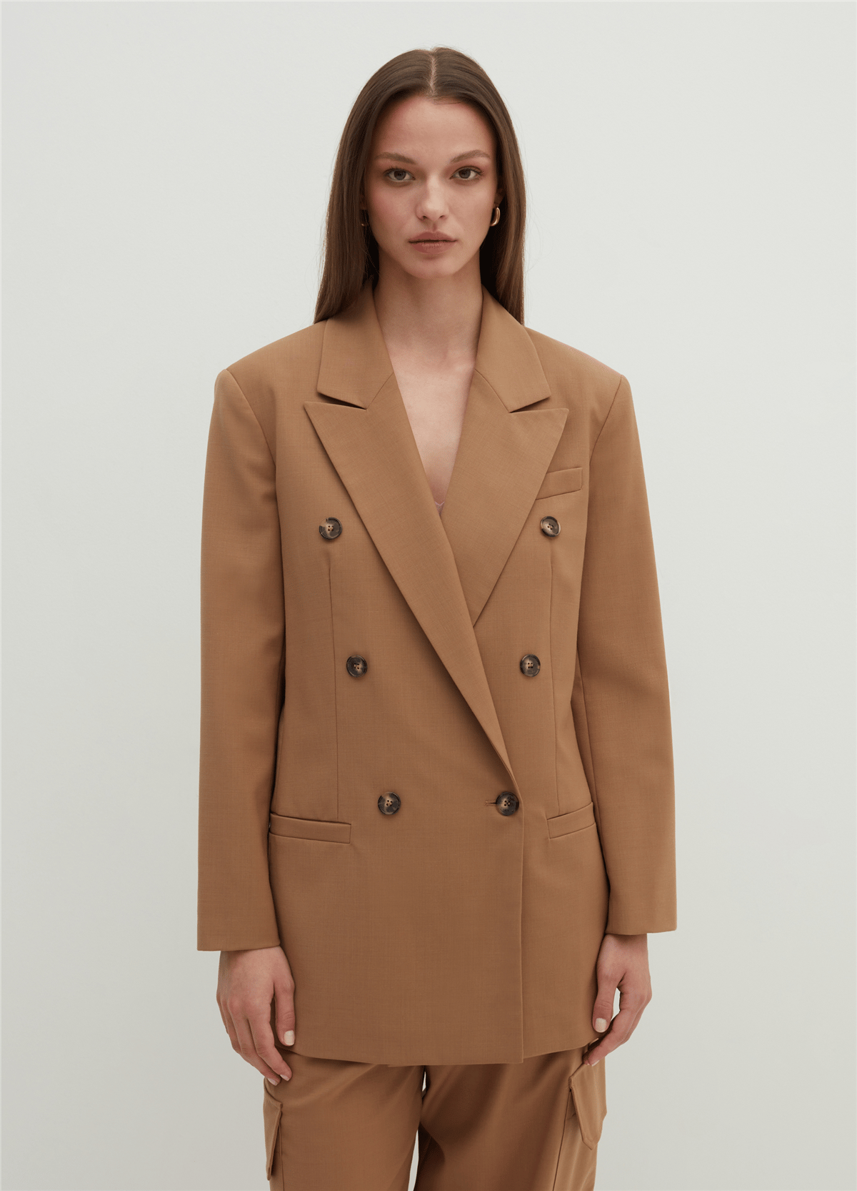 Çizgili Düğmeli Kahverengi Kruvaze Blazer