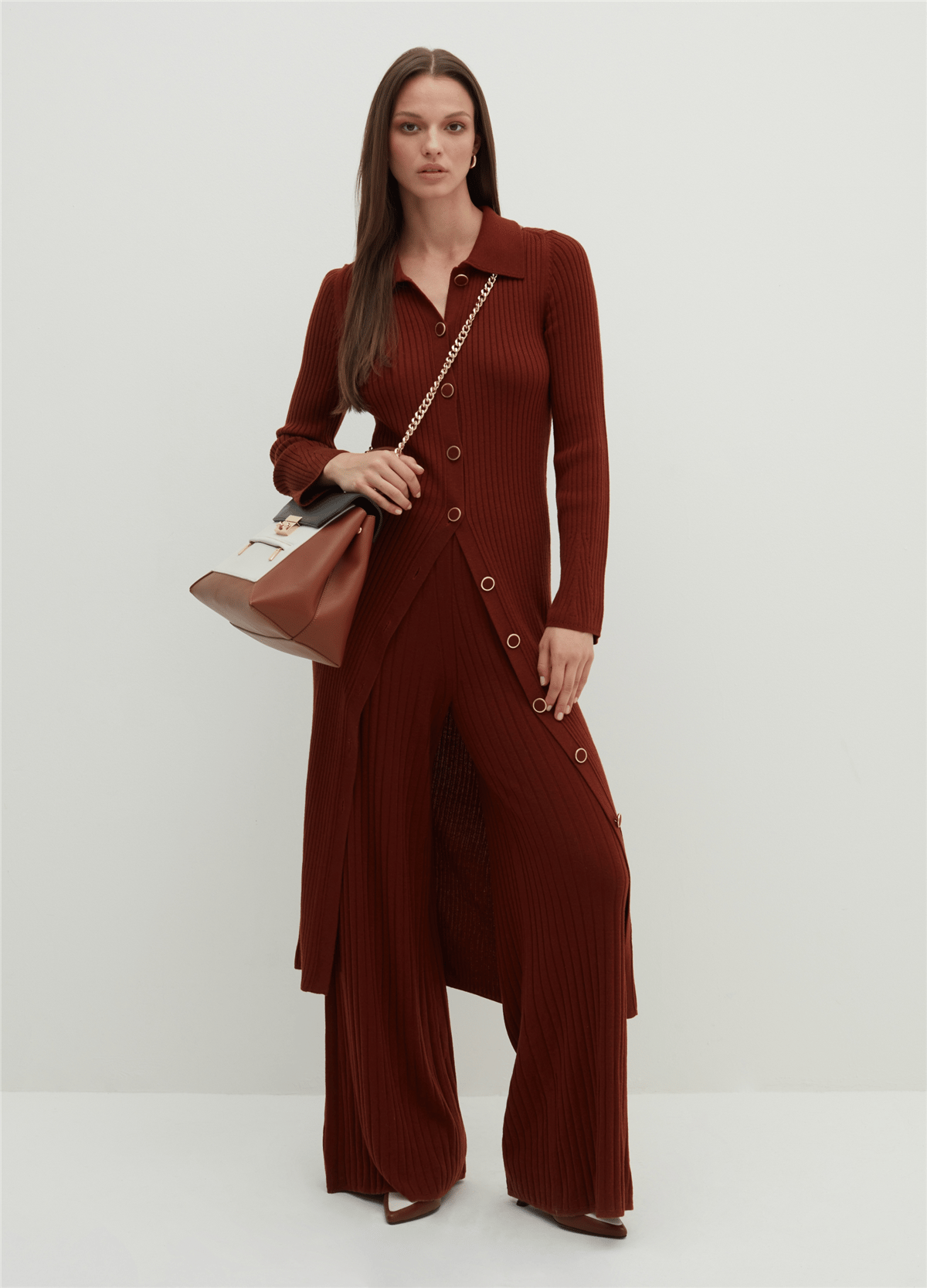 Çizgili Örgü Bordo Uzun Hırka