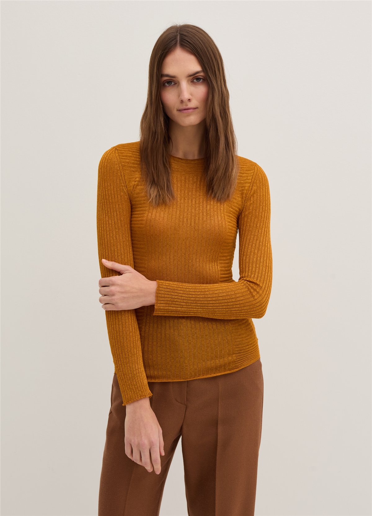 Düz Fitilli Şantung Görünümlü Hardal Sarısı Kazak