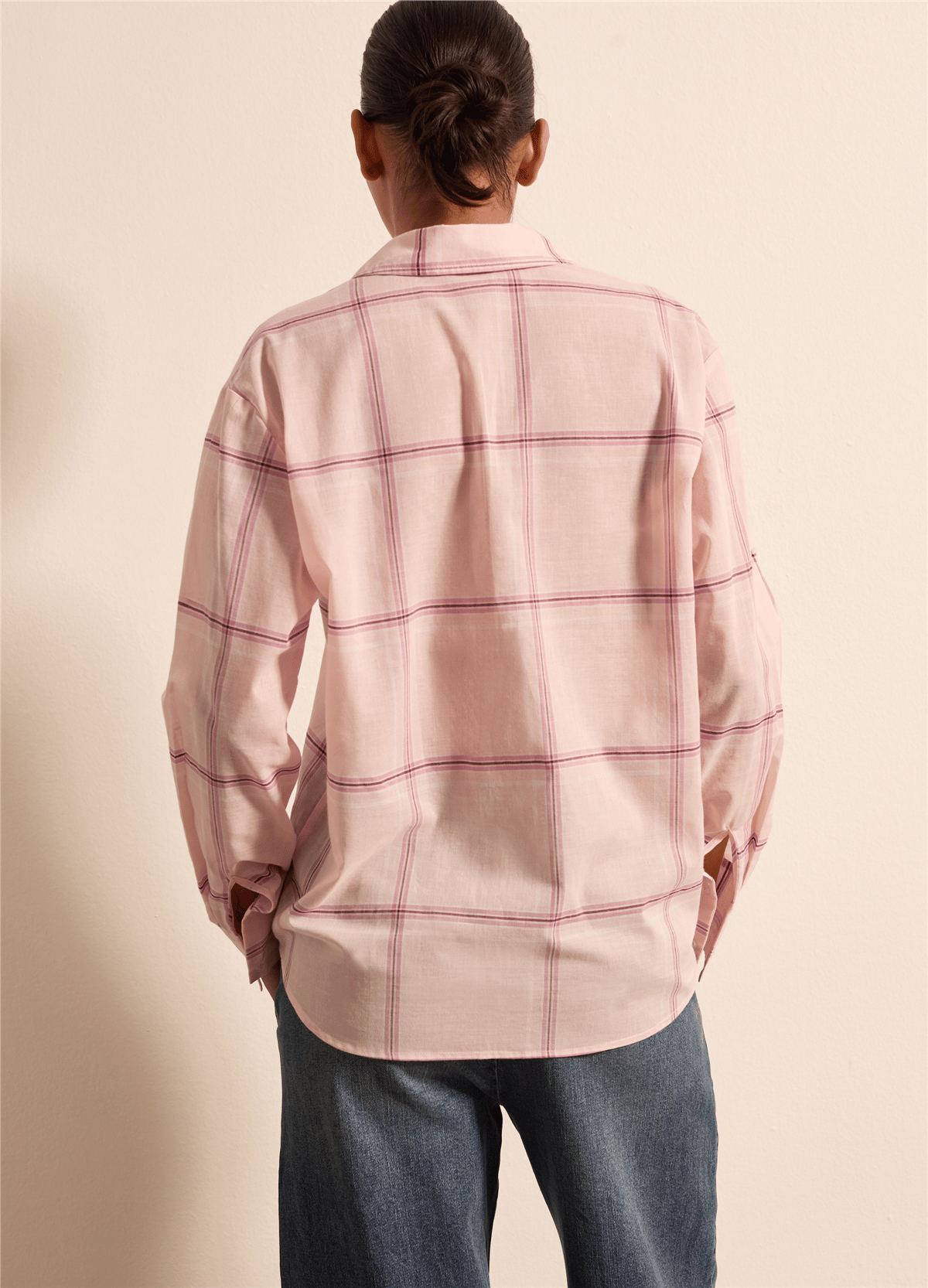Ekose Desenli Oversize Pembe Gömlek