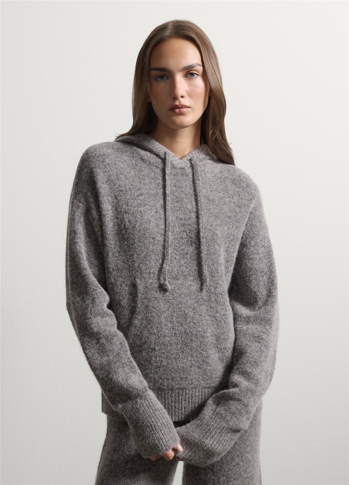 Gri Regular Fit Esnek Yün Ve Alpaka Kapüşonlu Sweatshirt