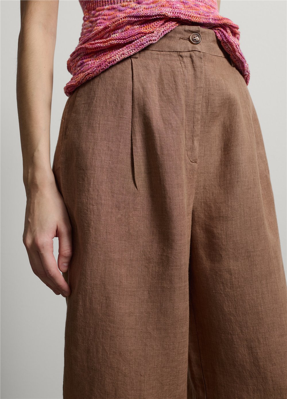 Kahverengi Keten Regular Fit Pantolon