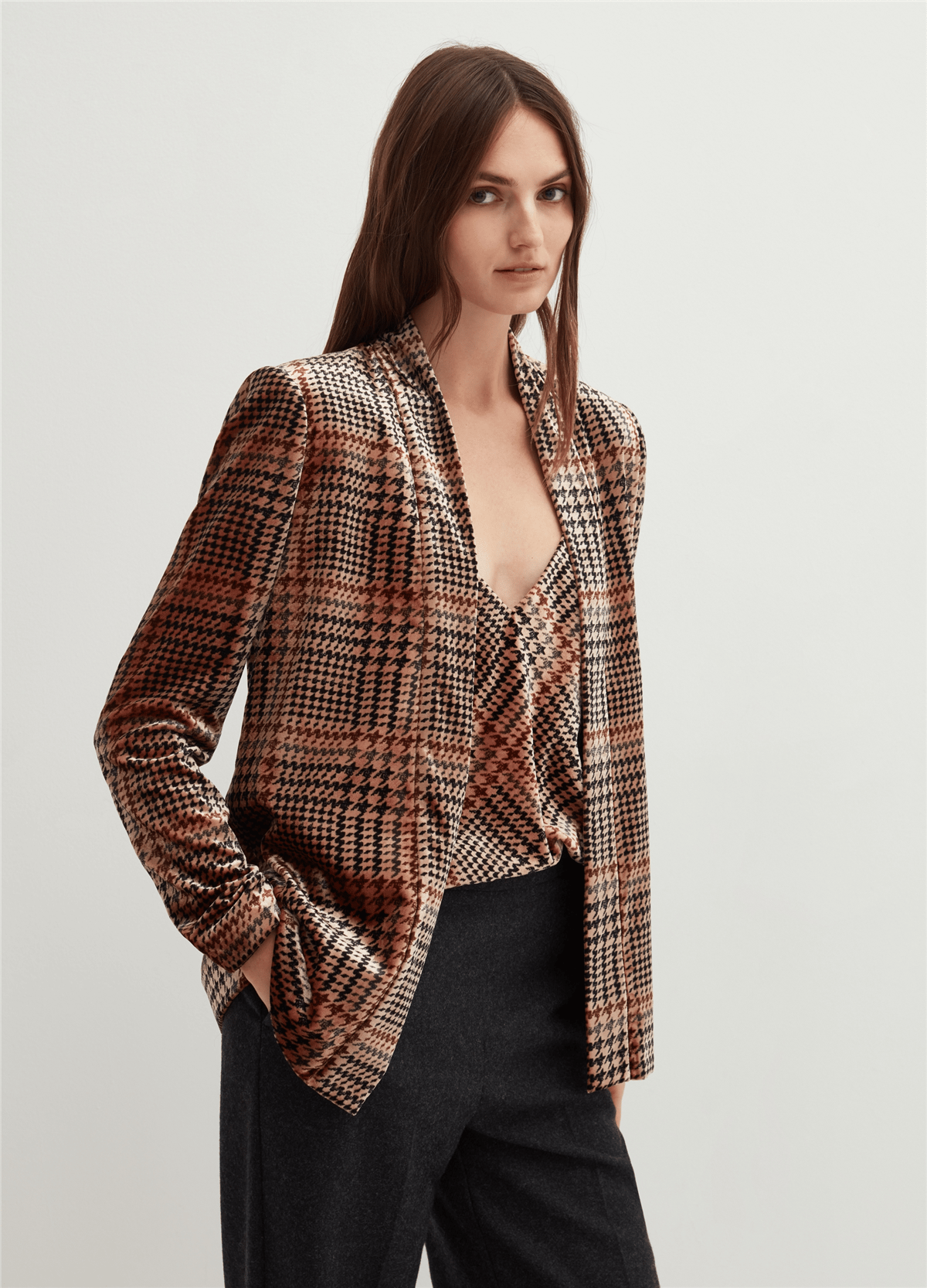 Kazayağı Desenli Kadife Bol Kesim Blazer