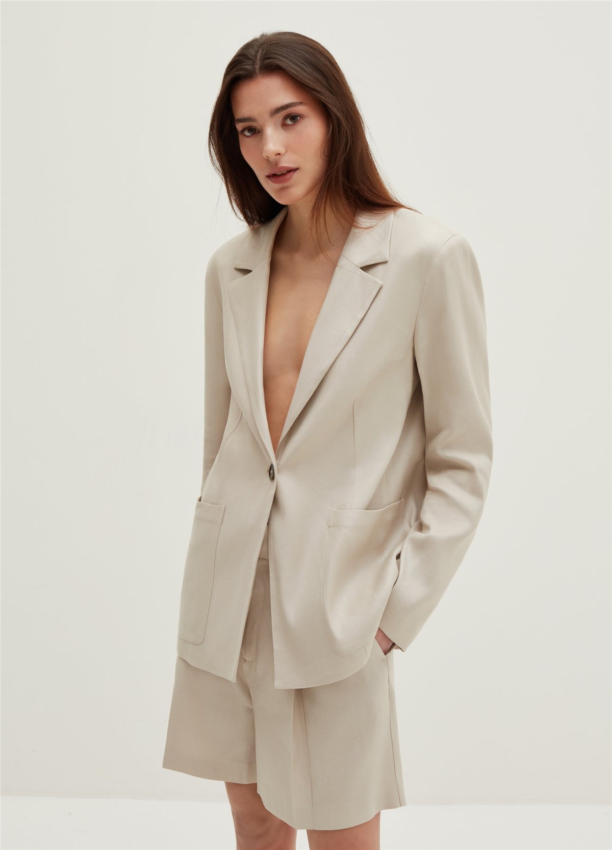 Keten Ve Viskoz Karışımlı Bej Oversize Blazer