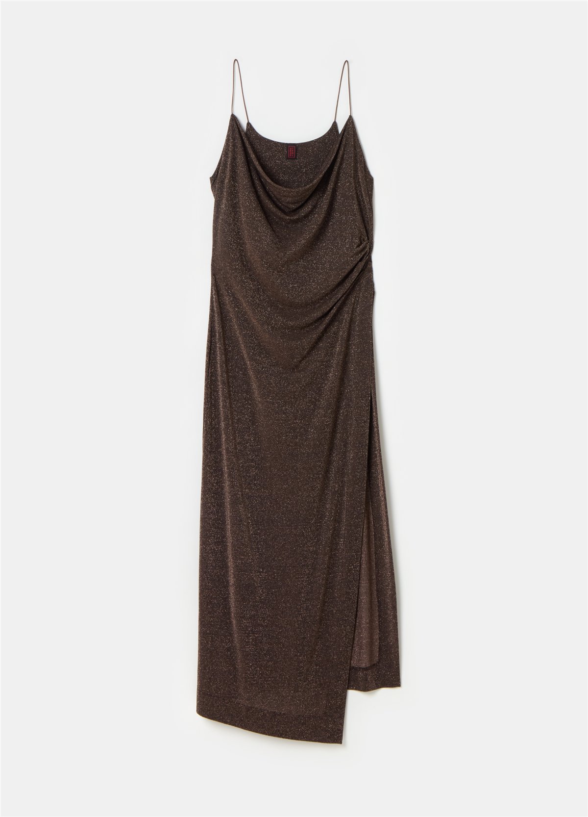 Maksi Yırtmaçlı Simli (Lurex) Askılı Elbise
