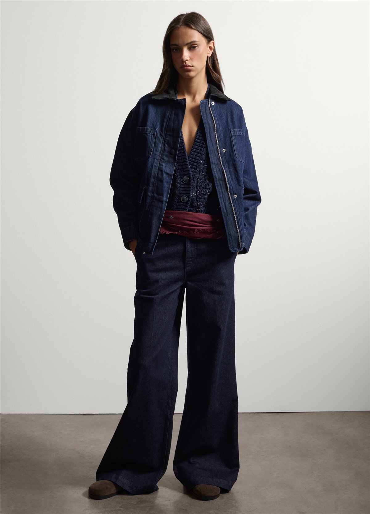 Mavi Kadife Yakalı Oversize Fit Saf Pamuk Denim Ceket