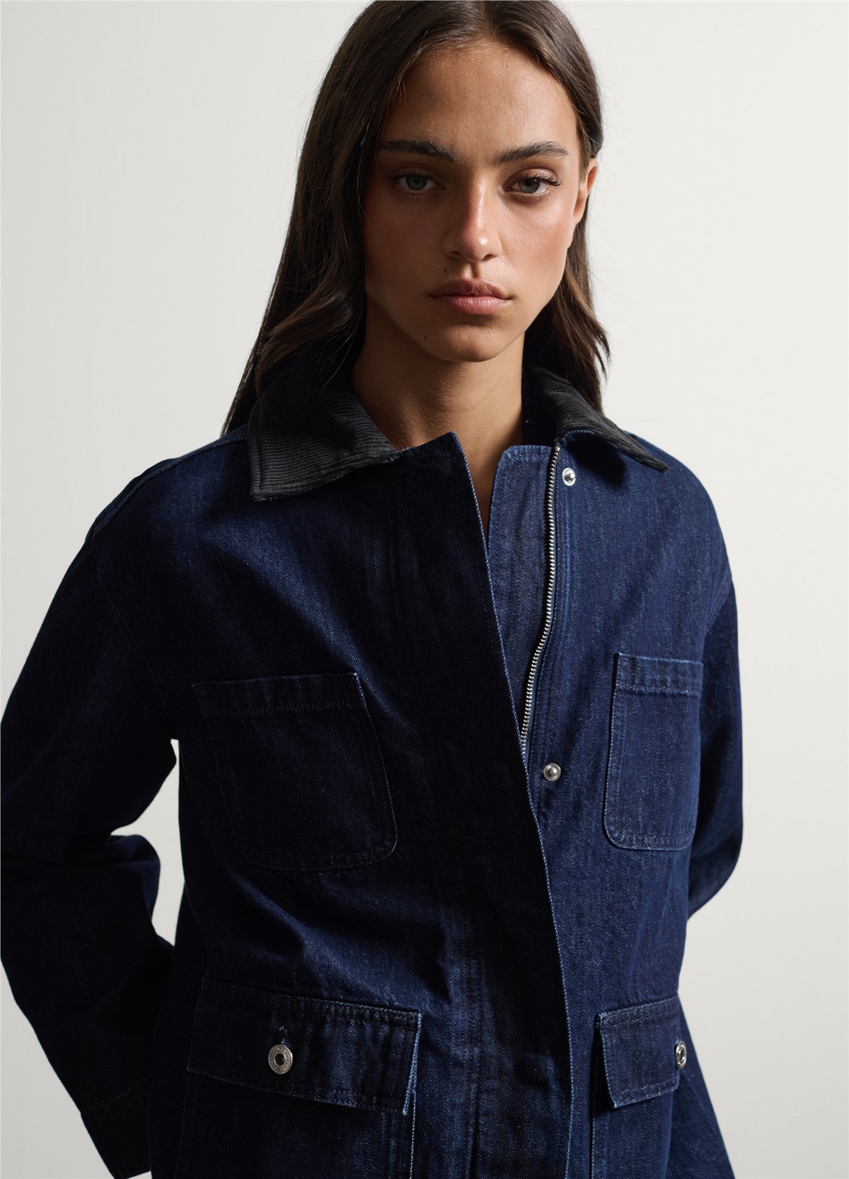 Mavi Kadife Yakalı Oversize Fit Saf Pamuk Denim Ceket